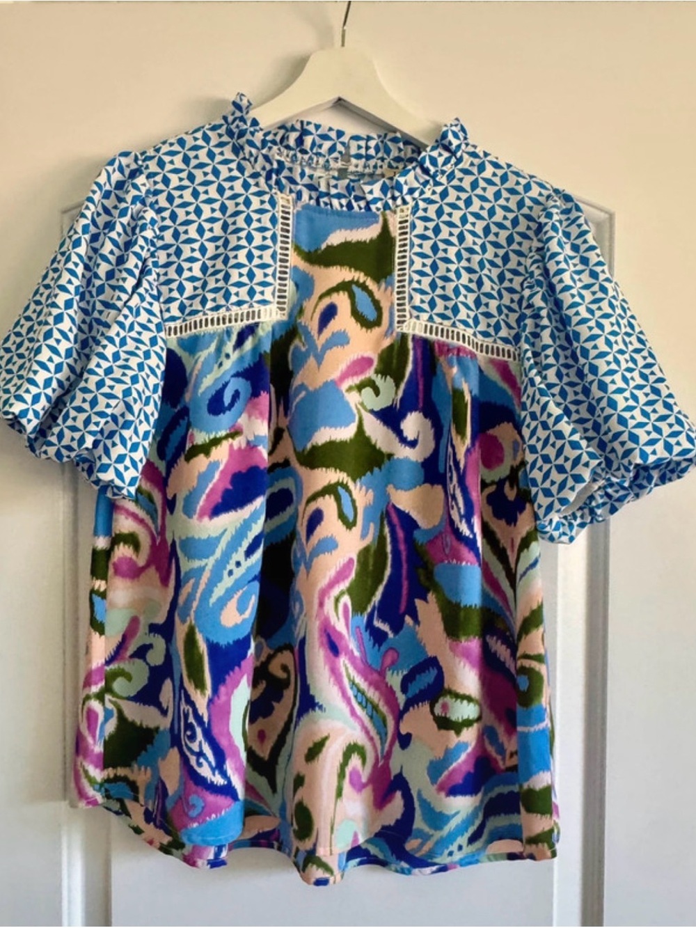 JODIFL Blue Multi-Print Puff Sleeve Ruffle Neck Blouse